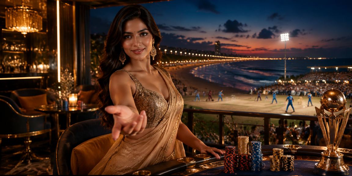 Sunset view of Chennai Marina Beach with cricket betting digital interface