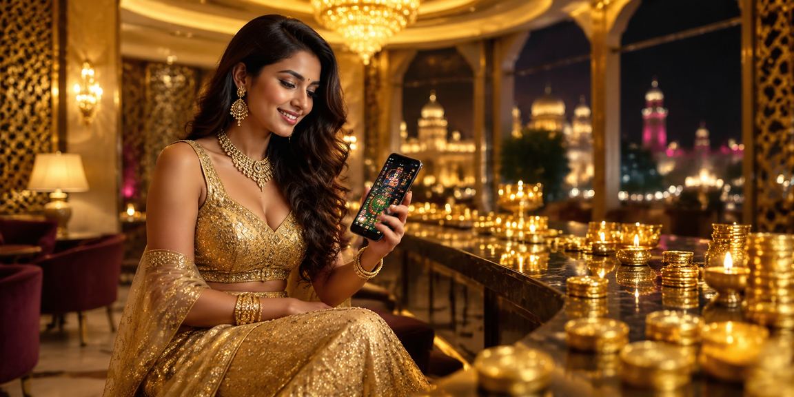Indian woman enjoying online casino via mobile app