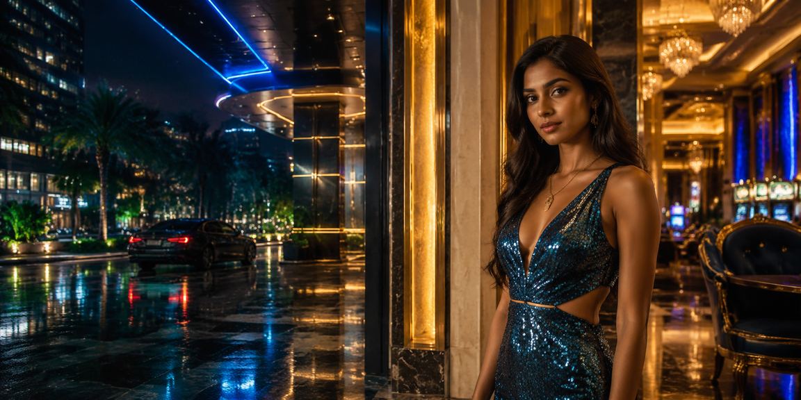 Modern Indian casino entertainment with blue and gold decor